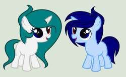 Size: 2669x1641 | Tagged: safe, artist:lominicinfinity, oc, oc only, oc:blue sky, oc:winter flakes, pony, unicorn, colt, duo, female, filly, heterochromia, male, simple background