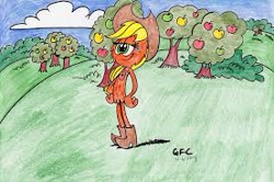 Size: 276x183 | Tagged: safe, artist:spongefox, applejack, earth pony, anthro, g4, apple, apple tree, bedroom eyes, boots, cloud, crossover, hat, picture for breezies, shoes, solo, tree, wander over yonder