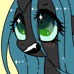 Size: 399x399 | Tagged: safe, artist:tomizawa96, queen chrysalis, changeling, changeling queen, g4, blushing, bust, fangs, female, portrait, solo, wingding eyes