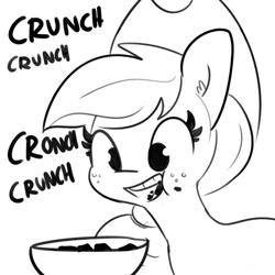 Size: 400x400 | Tagged: safe, artist:tjpones, applejack, earth pony, pony, g4, applejack's hat, bowl, chili, cowboy hat, crunch, eating, female, hat, mare, solo, stetson