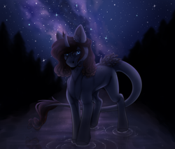 Size: 2352x2000 | Tagged: safe, artist:leawarriors, oc, oc only, pony, unicorn, art trade, forest, high res, night, reflection, river, solo, space, stars, water