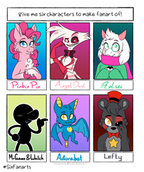 Size: 1280x1529 | Tagged: safe, artist:chu-and-sparky-127, pinkie pie, arachnid, bat, bear, demon, earth pony, goat, humanoid, pony, robot, spider, undead, anthro, g4, adorabat, amputee, angel dust (hazbin hotel), animatronic, anthro with ponies, black sclera, bowtie, bust, clothes, crossover, female, femboy, five nights at freddy's, flying, glasses, gold tooth, hat, hazbin hotel, hellaverse, heterochromia, lefty, male, mare, mr. game & watch, multiple arms, multiple limbs, prosthetic limb, prosthetics, scarf, sinner demon, six fanarts, smiling, spider demon, that's entertainment, top hat, unshorn fetlocks