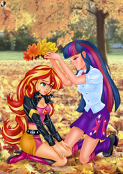 Size: 1000x1414 | Tagged: safe, artist:lord--opal, sunset shimmer, twilight sparkle, equestria girls, g4, autumn, breasts, cleavage, crown, female, human coloration, jewelry, leaf, leaves, lesbian, regalia, ship:sunsetsparkle, shipping, tree