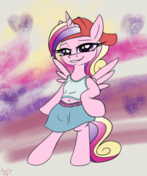 Size: 3500x4200 | Tagged: safe, artist:littlenaughtypony, princess cadance, semi-anthro, g4, '90s, 90s grunge fluttershy, belly button, bipedal, cap, clothes, hat, imitation, looking at you, skirt, teen princess cadance