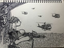 Size: 1440x1080 | Tagged: safe, artist:eds233, pony, black and white, fanfic art, flying, grayscale, gun, helicopter, helmet, ink drawing, m60, machine gun, military, military uniform, monochrome, traditional art, vietnam war, weapon