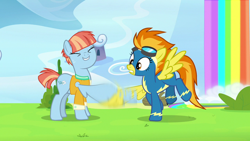 Size: 1280x720 | Tagged: safe, screencap, spitfire, windy whistles, pegasus, pony, g4, parental glideance, clothes, cute, cutefire, female, mare, uniform, windybetes, wing shake, wonderbolts uniform
