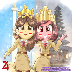 Size: 500x496 | Tagged: safe, artist:payshiechastityart, oc, oc only, oc:nuning, oc:salasika, equestria girls, g4, clothes, crown, duo, face paint, female, flag, grin, jewelry, regalia, side hug, smiling, temple, waving