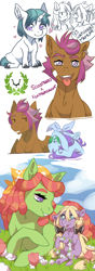 Size: 1000x2850 | Tagged: safe, artist:ponipoke, tree hugger, oc, oc:arrow, oc:golden, oc:tumbleweed, unnamed oc, earth pony, pegasus, pony, unicorn, g4, auntie tree hugger, bust, colt, cutie mark, female, filly, floral head wreath, flower, hoof hold, magical lesbian spawn, male, mare, meadow, offspring, parent:applejack, parent:big macintosh, parent:featherweight, parent:fluttershy, parent:rainbow dash, parent:scootaloo, parents:appledash, parents:fluttermac, parents:scootaweight, tongue out