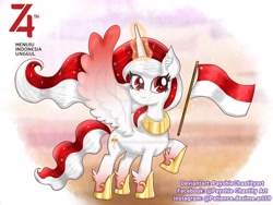 Size: 1280x960 | Tagged: safe, artist:payshiechastityart, oc, oc only, oc:indonisty, alicorn, pony, alicorn oc, deviantart watermark, flag, glowing horn, hoof shoes, horn, indonesia, magic, nation ponies, obtrusive watermark, peytral, smiling, solo, telekinesis, watermark, wings