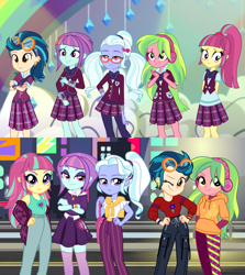 Size: 1280x1436 | Tagged: safe, artist:3d4d, artist:limedazzle, edit, indigo zap, lemon zest, sour sweet, sugarcoat, sunny flare, equestria girls, g4, clothes, comparison, crossed arms, crystal prep academy uniform, female, freckles, glasses, goggles, group, headphones, necktie, one eye closed, pants, school uniform, shadow five, show accurate, skirt, wink