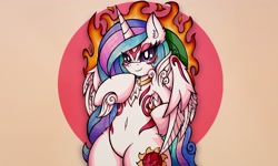 Size: 2048x1229 | Tagged: safe, artist:canvymamamoo, princess celestia, alicorn, pony, semi-anthro, g4, alternate cutie mark, amaterasu, arm hooves, belly button, bipedal, circle background, crossover, ear fluff, female, fire, looking at you, mare, okami, peytral, smiling, solo