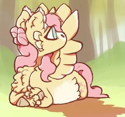 Size: 400x374 | Tagged: safe, artist:shyhandart, fluttershy, pegasus, pony, g4, cheek fluff, chest fluff, cloven hooves, crossed hooves, cute, fluffy, hoof fluff, looking away, looking back, lying down, no pupils, prone, shyabetes, solo