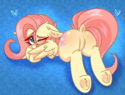 Size: 2824x2148 | Tagged: safe, alternate version, artist:pesty_skillengton, fluttershy, pegasus, pony, g4, adorasexy, blushing, butt, cute, dock, featureless crotch, female, flutterbutt, frog (hoof), heart eyes, high res, hoofbutt, looking at you, looking back, looking back at you, mare, one eye closed, plot, sexy, shyabetes, solo, underhoof, wingding eyes