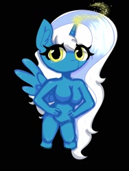 Size: 1500x2000 | Tagged: safe, artist:layzplayz5ever, oc, oc only, oc:fleurbelle, alicorn, anthro, alicorn oc, barbie doll anatomy, breasts, featureless breasts, female, hand on hip, horn, i have no mouth and i must scream, magic, mare, solo, wings, yellow eyes