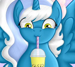 Size: 1559x1397 | Tagged: safe, artist:princessmoonsilver, oc, oc only, oc:fleurbelle, alicorn, pony, alicorn oc, bow, bubble tea, drink, drinking, drinking straw, female, hair bow, horn, mare, solo, wings, yellow eyes