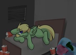 Size: 3300x2400 | Tagged: safe, artist:myahster, oc, oc only, oc:lemming, pegasus, pony, bed, bedroom, beer can, commission, dark room, eye clipping through hair, high res, laundry, no pupils, sad, solo, tired