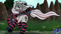 Size: 3840x2160 | Tagged: safe, artist:brainiac, derpibooru exclusive, oc, oc only, pony, clothes, commission, female, high res, mare, scarf, socks, solo, striped socks, tail wrap