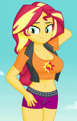 Size: 910x1430 | Tagged: safe, alternate version, edit, edited screencap, editor:ah96, screencap, sunset shimmer, equestria girls, equestria girls series, forgotten friendship, g4, arm behind head, belly button, big breasts, breast edit, breasts, busty sunset shimmer, cleavage, clothes, cropped, cute, female, lidded eyes, midriff, shading, shimmerbetes, solo, vest