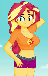 Size: 910x1430 | Tagged: safe, alternate version, edit, edited screencap, editor:ah96, screencap, sunset shimmer, equestria girls, equestria girls specials, g4, my little pony equestria girls: better together, my little pony equestria girls: forgotten friendship, adorasexy, arm behind head, belly button, big breasts, breast edit, breasts, busty sunset shimmer, cleavage, cropped, cute, female, lidded eyes, midriff, sexy, shading, shimmerbetes, solo, thighs