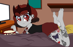 Size: 1832x1193 | Tagged: safe, artist:arshe12, oc, oc only, oc:danger doodle, human, equestria girls, g4, ass, barefoot, bed, blanket, blushing, bowl, butt, choker, clothes, commission, crown, ear piercing, earring, eating, equestria girls-ified, feet, female, food, jacket, jewelry, leather jacket, piercing, pillow, popcorn, regalia, shorts, sleeveless, solo, spiked choker, spiked wristband, tattoo, television, the pose, wristband, ych result