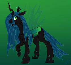 Size: 1561x1421 | Tagged: safe, artist:toptian, queen chrysalis, changeling, changeling queen, g4, female, gradient background, horn, raised hoof, solo, wings