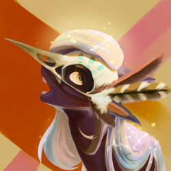 Size: 3507x3507 | Tagged: safe, artist:kiwwsplash, oc, oc only, earth pony, pony, abstract background, bust, earth pony oc, feathered hat, high res, open mouth, solo