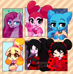 Size: 1184x1200 | Tagged: safe, artist:kkotie, pinkie pie, cat, dog, earth pony, gem (race), human, pony, vampire, anthro, g4, spoiler:steven universe: the movie, adventure time, animal crossing, anthro with ponies, bubblegum, bust, clothes, crossover, default spinel, eyes closed, female, food, gem, gloves, gum, gumball watterson, hand on hip, isabelle, male, marceline, mare, pinkamena diane pie, pucca, six fanarts, smiling, spinel, spinel (steven universe), spoilers for another series, steven universe, steven universe: the movie, the amazing world of gumball, watermark, waving