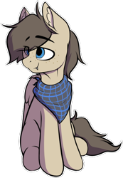 Size: 444x640 | Tagged: safe, artist:notetaker, part of a set, oc, oc only, oc:snaggletooth, pegasus, pony, clothes, male, scarf, simple background, sitting, smiling, transparent background