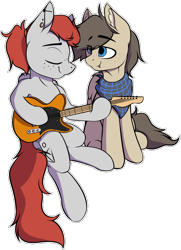 Size: 688x948 | Tagged: safe, artist:notetaker, part of a set, oc, oc only, oc:scarlett lane, oc:snaggletooth, pegasus, pony, clothes, fender telecaster, freckles, guitar, male, musical instrument, scarf, simple background, transparent background