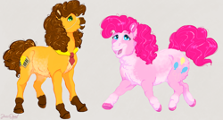 Size: 3960x2128 | Tagged: safe, artist:jessopal, cheese sandwich, pinkie pie, earth pony, pony, g4, alternate design, female, fluffy, high res, jewelry, male, monocle, necklace, ship:cheesepie, shipping, simple background, straight
