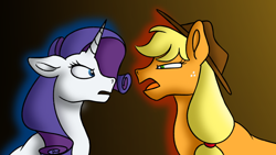 Size: 1280x720 | Tagged: safe, artist:bella-pink-savage, applejack, rarity, earth pony, pony, unicorn, g4, angry, applejack's hat, brown background, cowboy hat, duo, female, fight, freckles, hat, looking at each other, mare, open mouth, simple background