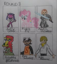 Size: 1058x1182 | Tagged: safe, artist:secretname1010, pinkie pie, earth pony, otter, pony, anthro, g4, anakin skywalker, anthro with ponies, bust, clothes, crossover, durarara, eyelashes, female, lightsaber, male, mare, masaomi kida, pb&j otter, raised hoof, rocko's modern life, six fanarts, star wars, the secret saturdays, traditional art, weapon, zak saturday