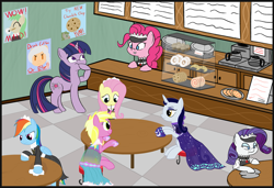 Size: 1575x1080 | Tagged: safe, artist:mightyshockwave, artist:seika, fluttershy, moonlight raven, pinkie pie, rainbow dash, rarity, sunshine smiles, twilight sparkle, oc, oc:chocolate chip, oc:weary heart, earth pony, pegasus, pony, unicorn, g4, cleaning, clothes, coffee machine, counter, female, food, maid, maid cafe, mare, over the moon, pastry, poster, tripping the light, unicorn twilight