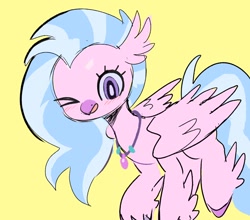 Size: 1018x894 | Tagged: safe, artist:10uhh, silverstream, hippogriff, g4, blushing, cute, diastreamies, female, jewelry, necklace, one eye closed, open mouth, simple background, solo, wink, yellow background