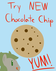 Size: 1800x2300 | Tagged: safe, artist:mightyshockwave, oc, oc only, oc:chocolate chip, advertisement, cookie, food, minimalist, modern art, text