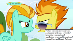 Size: 1280x720 | Tagged: safe, edit, edited screencap, editor:korora, screencap, lightning dust, spitfire, g4, my little pony: friendship is magic, wonderbolts academy, drill sergeant, implied bonnie zacherle, implied lauren faust, implied vulgar, inset, protectors of the plot continuum, reality ensues, speech, speech bubble, sunglasses, talking, your unhappy elladan