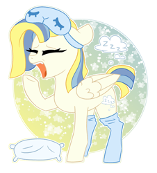 Size: 2598x2869 | Tagged: safe, artist:crazysketch101, oc, oc only, oc:dream, pegasus, pony, circle background, high res, pillow, simple background, sleep mask, sleepy, solo, white background, yawn