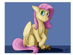 Size: 2834x2160 | Tagged: safe, artist:tenebrisnoctus, fluttershy, pegasus, pony, g4, blue background, female, high res, mare, signature, simple background, sitting, solo