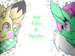 Size: 1600x1200 | Tagged: safe, artist:chu-and-sparky-127, oc, oc only, oc:firework spark, pegasus, pikachu, pony, ask, bust, duo, female, mare, neckerchief, pegasus oc, pokémon, simple background, smiling, transparent background, wings