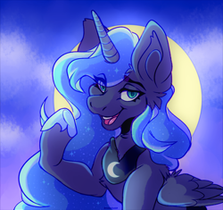 Size: 2880x2702 | Tagged: safe, artist:sinraccoon, princess luna, alicorn, pony, g4, chest fluff, ear fluff, eye clipping through hair, eyebrows, eyebrows visible through hair, female, full moon, high res, mare, moon, night, raised hoof, signature, smiling, solo