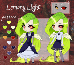 Size: 2700x2364 | Tagged: safe, artist:helemaranth, oc, oc only, oc:lemony light, human, clothes, dress, duo, eye, eyes, female, heterochromia, high res, humanized, reference sheet, shoes, skirt, winged humanization, wings
