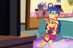 Size: 2852x1856 | Tagged: safe, artist:gmaplay, flash sentry, sunset shimmer, equestria girls, g4, barefoot, clothes, couple, duo, feet, female, male, pajamas, ship:flashimmer, shipping, straight