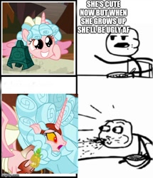 Size: 500x581 | Tagged: safe, edit, edited screencap, screencap, cozy glow, alicorn, human, pony, g4, the ending of the end, alicornified, bell, caption, cereal guy, cozybetes, cozycorn, cute, female, filly, food, giant demon alicorn cozy glow, grogar's bell, image macro, meme, pineapple, race swap, spit take, stick figure, text