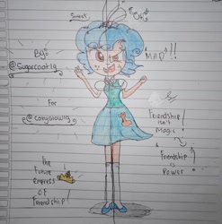 Size: 1211x1228 | Tagged: safe, artist:payshiechastityart, cozy glow, equestria girls, g4, clothes, cutie mark, cutie mark on clothes, equestria girls-ified, female, lined paper, reference sheet, skirt, solo, split screen, traditional art