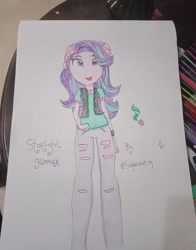 Size: 1344x1714 | Tagged: safe, artist:payshiechastityart, starlight glimmer, equestria girls, g4, beanie, clothes, female, hat, pants, solo, traditional art, vest
