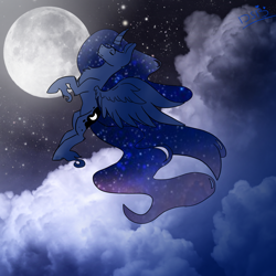 Size: 3000x3000 | Tagged: safe, artist:toptian, princess luna, alicorn, pony, g4, cloud, ethereal mane, eyes closed, female, flying, high res, mare, night, outdoors, solo, starry mane, stars