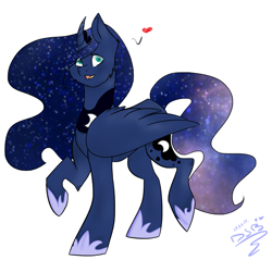 Size: 1629x1557 | Tagged: safe, artist:toptian, princess luna, alicorn, pony, g4, curved horn, ethereal mane, female, hoof shoes, horn, mare, peytral, raised hoof, signature, simple background, solo, starry mane, white background