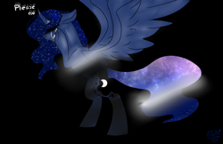 Size: 2500x1615 | Tagged: safe, artist:toptian, princess luna, alicorn, pony, g4, bipedal, black background, crying, ethereal mane, eyes closed, female, galaxy mane, mare, simple background, solo, talking