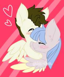 Size: 1080x1296 | Tagged: safe, artist:silentwolf-oficial, oc, oc only, pegasus, pony, abstract background, blushing, bust, eyes closed, female, heart, hug, male, mare, oc x oc, pegasus oc, shipping, stallion, straight, wings