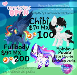 Size: 1080x1051 | Tagged: safe, artist:silentwolf-oficial, oc, oc only, pegasus, pony, unicorn, advertisement, commission info, horn, multicolored hair, open mouth, pegasus oc, rainbow hair, smiling, unicorn oc, wings